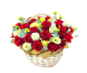 red roses on a white background composition of red roses in a basket