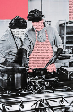 Collage of anonymous chefs in professional kitchen