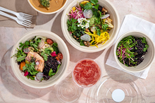 Overhead view of food served on table