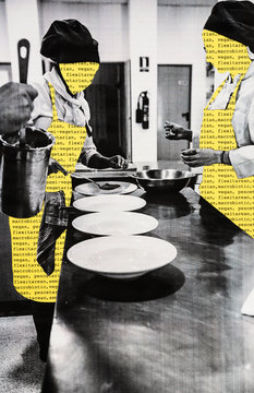 Collage of anonymous chefs in professional kitchen