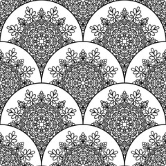 Abstract mandala fish scale seamless pattern. Ornamental tile, mosaic background. Floral patchwork infinity card. Arabic, Indian, ottoman motifs. Vector illustration.    © _aine_