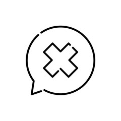 Mensaje de error. Icono plano lineal aspa en burbuja de habla en color negro