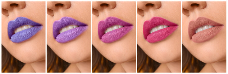 Set of beautiful young women with different lipsticks, closeup