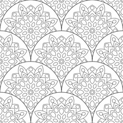 Abstract mandala fish scale seamless pattern. Ornamental tile, mosaic background. Floral patchwork infinity card. Arabic, Indian, ottoman motifs. Vector illustration.   