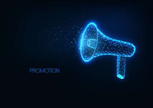 Futuristic announcement, promotion, advertisement concept with glowing low polygonal megaphone