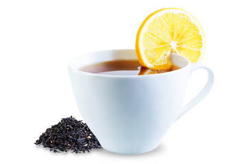 Cup of black tea with lemon, honey and ginger on a white isolated background