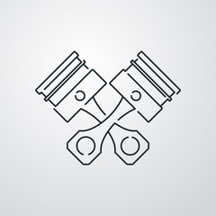 Icono plano lineal pistones de motor de coche cruzados en fondo gris