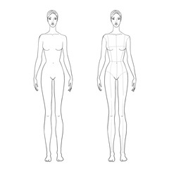Woman's figure sketch for technical drawing with main lines. Vector outline girl model template for fashion sketching. 