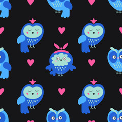 Cute vector owls nestling with hearts. Seamless pattern on black for baby room decoration, wallpaper, wrapping paper and another design