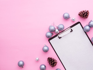 Christmas and New Year background with note and silver balls