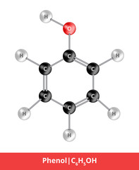 Vector ball-and-stick model of chemical alcohol. Icon of phenol molecule C6H5OH consisting of carbon, oxygen and hydrogen. Structural formula suitable for education isolated on a white background.