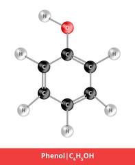 Obraz premium Vector ball-and-stick model of chemical alcohol. Icon of phenol molecule C6H5OH consisting of carbon, oxygen and hydrogen. Structural formula suitable for education isolated on a white background.
