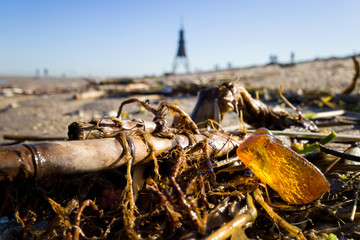 amber in the Wadden Sea in Cuxhaven, Germany with the Kugelbake, a historic aid to at the northernmost point of Lower Saxony, in the background