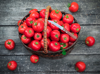 Fototapeta na wymiar basket with tomatoes on a wooden background
