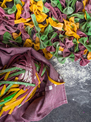 Variety of raw pasta types, farfalle bow-tie, fettuccine or tagliatelle colorful pasta on grey background with flour