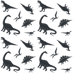 Vector seamless pattern of black hand drawn doodle sketch dinosaurs isolated on white background