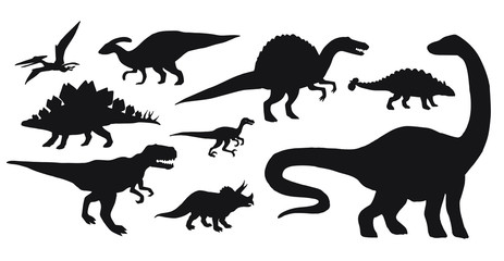 Vector set bundle of black dinosaurs silhouette isolated on white background