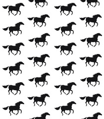 Vector seamless pattern of black flat galloping horses silhouette isolated on blue background