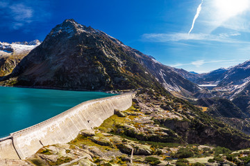Aerial view of Gelmer Lake near by the Grimselpass in Swiss Alps, Gelmersee, Switzerland