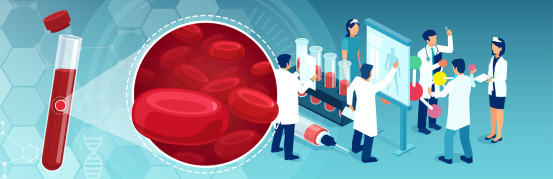 Vector of a medical test tube with red blood cells and a team of doctors performing diagnostics