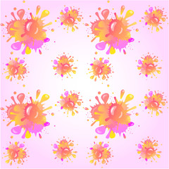 Fototapeta na wymiar Colorful splashes and blots on a gently pink background - seamless vector pattern. Splashes of brilliant orange, coral and purple paint on a pastel gradient background festive mood.