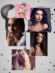 Beautiful collage of sexy bright makeup emotional women with bright lips and effect eyes. Closeup...