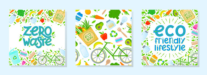 Fototapeta na wymiar Bundle of zero waste vector illustrations and seamless pattern.Healthy lifestyle principals.Perfect for prints,flyers,banners,eco posters,typography design,social media.Live green, go to zero waste.