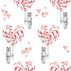 Behang Leuk naadloos patroon met konijntjes (konijnen) en zoete snoepjes in de vorm van een hart. Aquarelillustratie voor ontwerpkaarten, stof voor Valentijnsdag, gefeliciteerd, gelukkige verjaardag. © Tatiana 