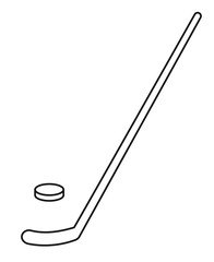 Vector black flat cartoon outline hockey stick and puck icon isolated on white background