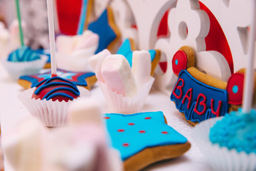 Naklejka premium candy bar with cupcakes, cookies and marshmallow. birthday party