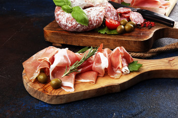Food tray with delicious salami, pieces of sliced prosciutto crudo, sausage and basil. Meat platter