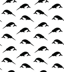 Vector seamless pattern of black narwhal silhouette isolated on white background