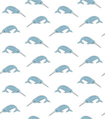 Vector seamless pattern of blue hand drawn sketch doodle narwhal isolated on white background