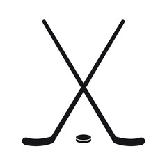 Vector flat black hockey crossed sticks and puck isolated on white background