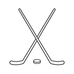 Vector flat black outline hockey crossed sticks and puck isolated on white background