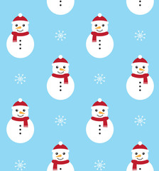 Vector seamless pattern of flat cartoon snowman and snowflakes isolated on blue background
