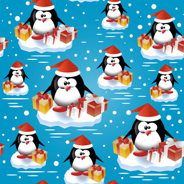 Penguins at the South pole. New year seamless pattern. Vector illustration.