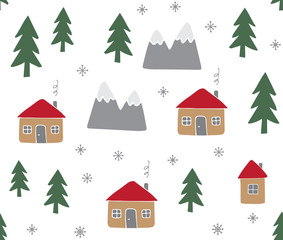Vector seamless pattern of hand drawn doodle sketch Scandinavian country houses and landscapes isolated on white background