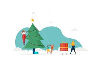 Merry Christmas, The New Year, Happy Holidays concept. Family with children decorate Christmas tree and prepare gift boxes outdoors. Vector illustration in cartoon design