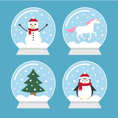 Vector flat cartoon set bundle of snow balls with penguin, snowman, unicorn and Christmas tree spruce isolated on blue background