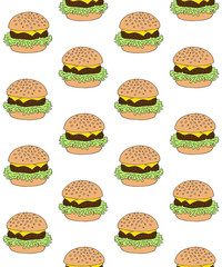 Vector seamless pattern of hand drawn doodle sketch colored burger isolated on white background