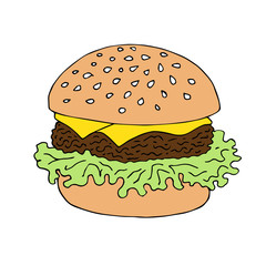 Vector hand drawn doodle sketch colored burger isolated on white background