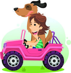 Girl driving car with pet dog