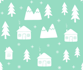 Vector seamless pattern of white hand drawn doodle sketch Scandinavian country house and trees isolated on mint background. Christmas landscape winter illustration