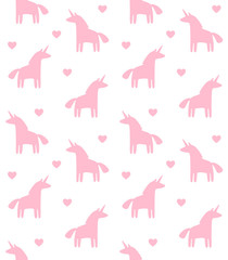 Vector seamless pattern of pink hand drawn sketch doodle unicorn silhouette isolated on white background