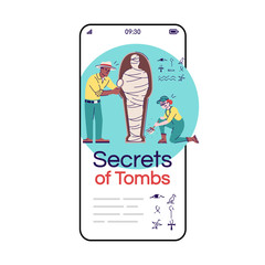 Secrets of tombs social media posts smartphone app screen. Mobile phone displays with cartoon characters design mockup. Study of mummy of Egypt pharaoh application telephone interface