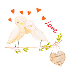 Watercolor illustration with cute birds on a branch with hearts isolated on  a white background.Elements for Valentine's Day or wedding. 