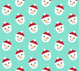 Vector seamless pattern of flat cartoon snowman face isolated on mint background