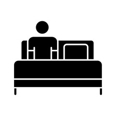 Bed rest glyph icon. Man relaxing under blanket. Common cold aid. Healthcare. Leisure and comfort. Person unwell in bedroom. Silhouette symbol. Negative space. Vector isolated illustration