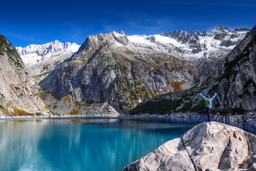 Naklejka na ściany i meble Gelmer Lake near by the Grimselpass in Swiss Alps, Gelmersee, Switzerland, Bernese Oberland, Switzerland.